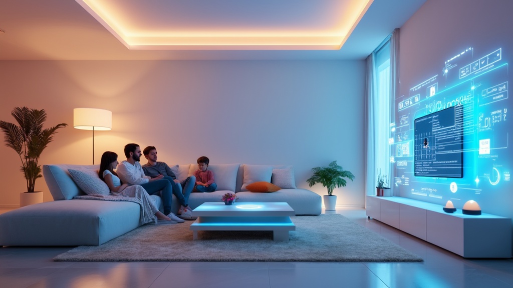 A futuristic living room, in which there is a couple with their children