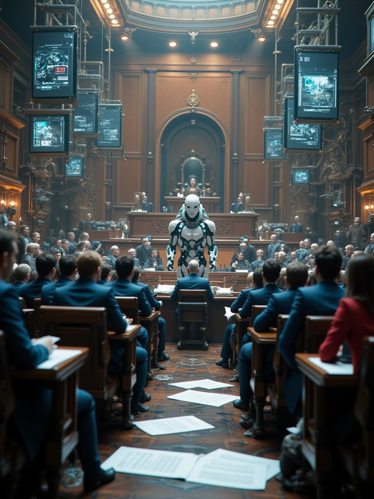 A courtroom scene with a judge in the middle, surrounded by AI developers on one side and content creators (writers, journalists, musicians) on the other. The atmosphere is tense as they argue over the use of digital content by AI models. The courtroom is filled with futuristic technology and legal documents