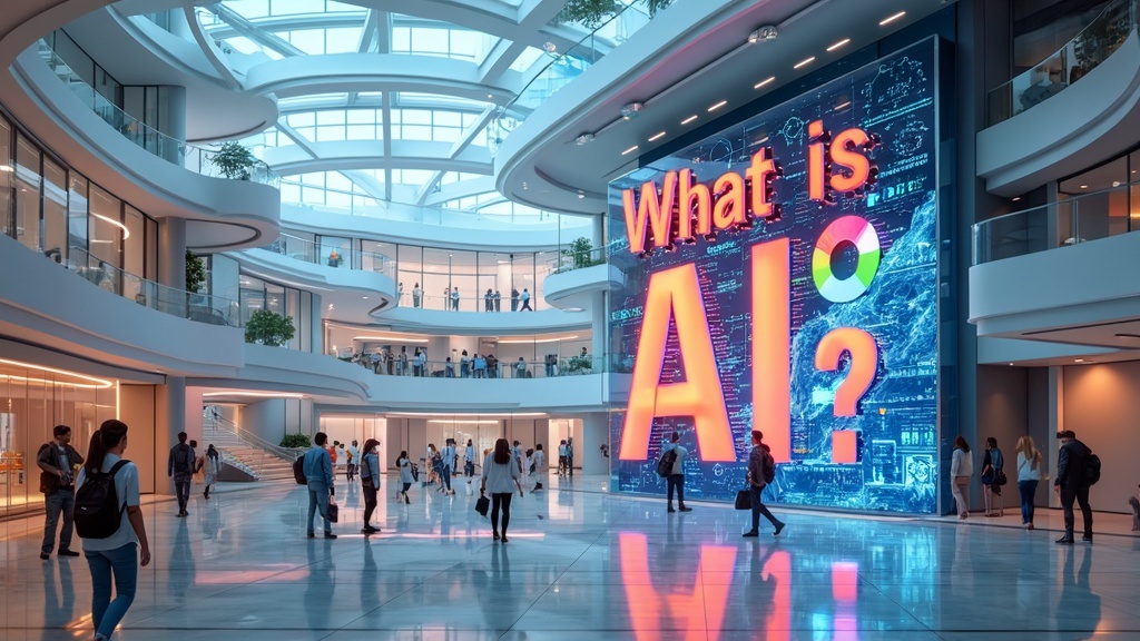 In this image, we see a modern-day artificial intelligence in a large futuristic university research compound on which we see a large poster on which is written: What Is Artificial Intelligence (AI)?