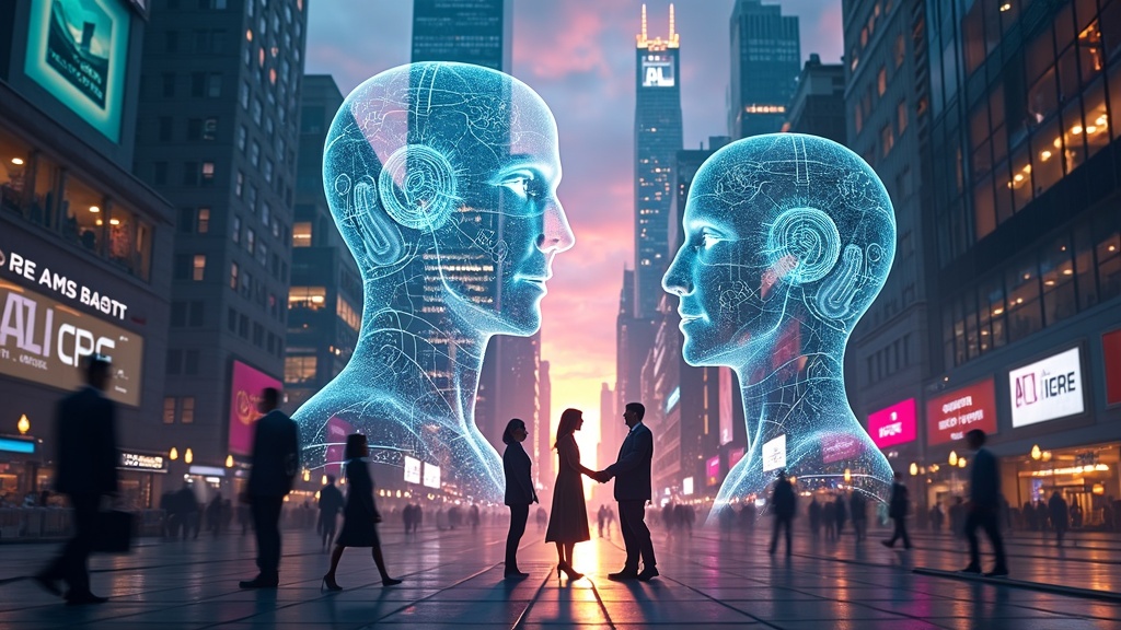 In this image, we see an artificial intelligence in a large futuristic business district on which we see a large poster on which is written: Artificial Intelligence (AI)