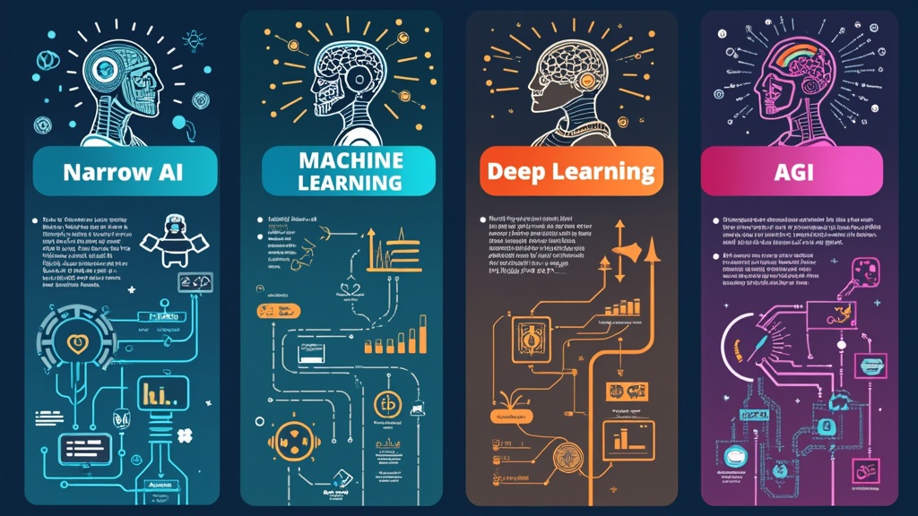 educational and visually engaging infographic illustrating the different types of artificial intelligence. Include labels and icons to represent Narrow AI, Machine Learning, Deep Learning, and Artificial General Intelligence (AGI).