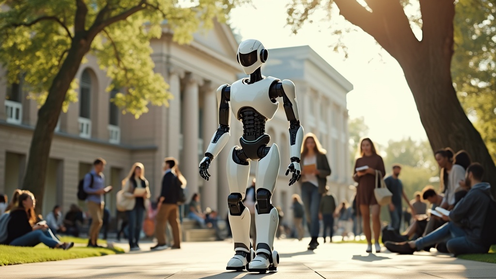 A cinematic scene of a a robot who walks around a university campus with students, it is a machine with artificial general intelligence should be able to solve a wide variety of problems with breadth and versatility similar to human intelligence